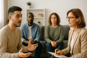 A man talking to a therapist in a treatment setting